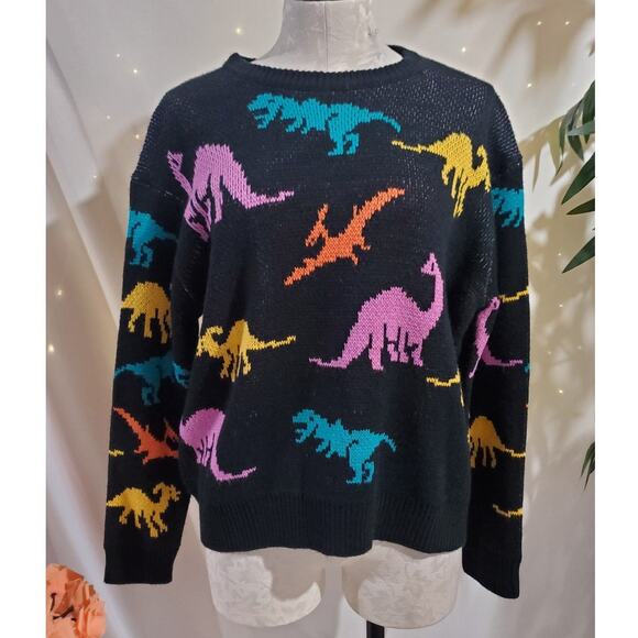 Forever 21 Womens Dinosaur Multicolor Knit Sweater Size M Colorful Retro 80s - Picture 1 of 8